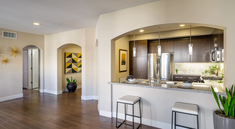 Counter Dining Area kitchen area with spacious counter-space and designer appliances
